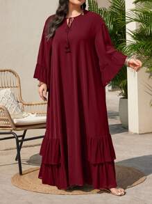 Mulvari Burgundy Red Plus Size Twist Collar Ruffle Trim Decorated Dress - Burgundy - View 3