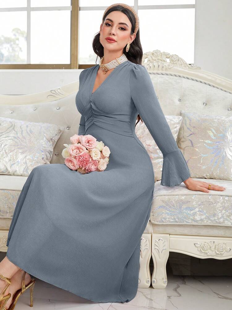 Women's Solid Color Ruffle Flare Sleeve Dress