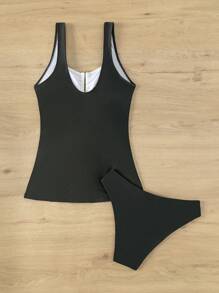 SHEIN Swim Tankini plissé blocs de couleurs d'été - Noir et Blanc - Voir 4