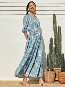 Mulvari Vestido Midi Con Estampado Floral Y Dobladillo Con Volantes Para Mujer - Celeste - Ver 4