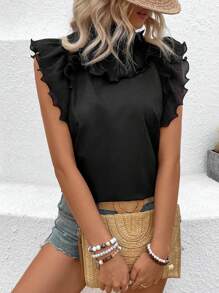 Breezaya 女士立领荷叶边下摆飘逸袖衬衫 - 黑色 - 查看 6