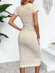 短袖修身镂空罩衫连衣裙 夏季 - 杏色 - 查看 2