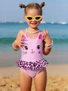 SHEIN Young Girl Cartoon Printed Leopard Pattern Ruffle Trimmed One-Piece Swimsuit