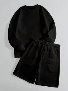 Manfinity Dauomo Men's Letter Printed Sweatshirt And Shorts Set - Black - View 2