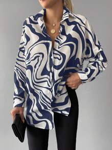 SHEIN Cottnline Women's Elegant Random Printed Blouse - Navy Blue - View 5