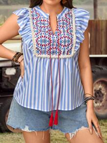 SHEIN LUNE Plus Size Blue Stripe Printed Shirt Ruffled Fly Sleeves Women's Music Festival And Resort Shirt - Blue and White - View 3