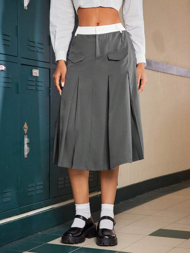 Women's Color Block High Waist Pleated Skirt