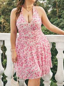 Dreamara Plus Size Floral Print V-Neck Ruffle Trim Halter Neck Dress