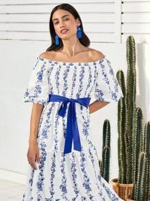 Mulvari Women's Floral Off Shoulder Mini Dress - Blue and White - View 8