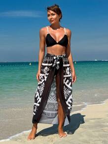 SHEIN Swim Geometric Print Bikini Set, Mesh Cover Up & Color Block Bikini Set Summer Beach - Black and White - View 4