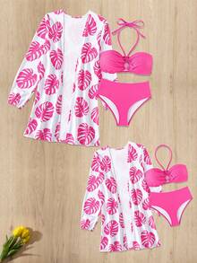 SHEIN Swim 女性實色沙灘泳裝套裝,配環飾品+熱帶印花和服 - 彩色 - 查看 5