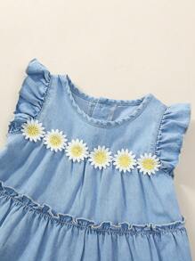 Baby Girl's Adorable And Sweet Lace Edge Cami Denim Dress With Comfortable And Loose Fit - Light Wash - View 5