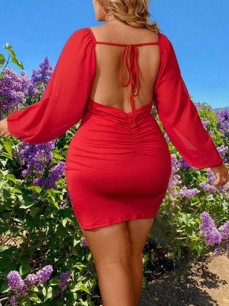 Plus Size Solid Color Backless Pleated Self-Tie Lantern Sleeve Bodycon Dress
