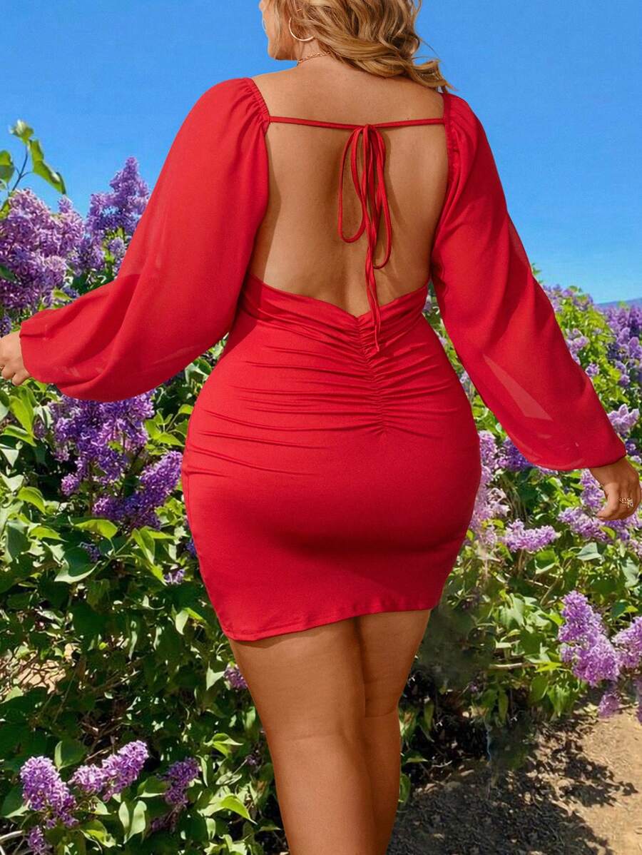 SHEIN Clasi Plus Size Solid Color Backless Pleated Self-Tie Lantern Sleeve Bodycon Dress - Red - View 1