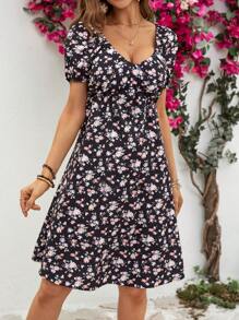 SHEIN VCAY Women's Ditsy Floral Print Cinching Waist Dress