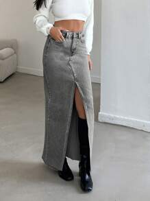 EURMUSE Kvinnors Framtill Slits Lång Denim Kjolar - Grå - Visa 4