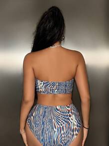 Swim EVENT Holographic Print Bikini Set With Circular Detailing And Strapless Top, Bandeau Bikini Set Bathing Suit Beach Outfit Music Festival Summer Vacation Summer Beach - Multicolor - View 2