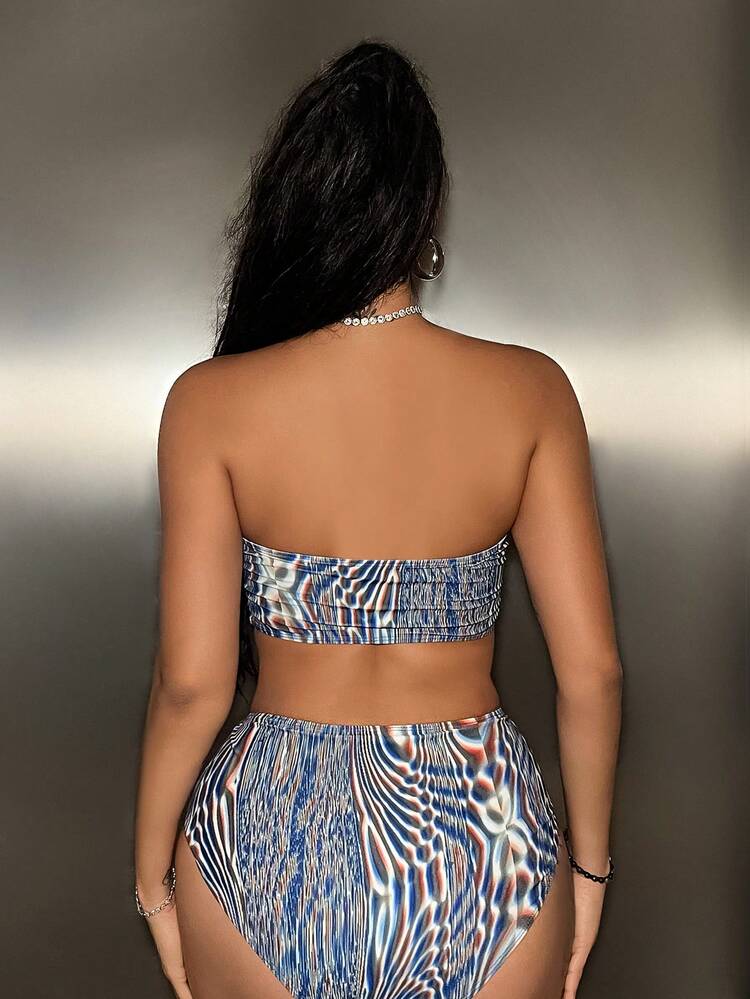 Holographic Print Bikini Set With Circular Detailing And Strapless Top, Bandeau Bikini Set Bathing Suit Beach Outfit Music Festival Summer Vacation Summer Beach