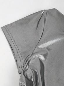 EgrlEra Boat Neck Short-Sleeved T-Shirt With Metallic Fabric And Pleats Y2K Outfit  For New Year Holiday Party Clothes