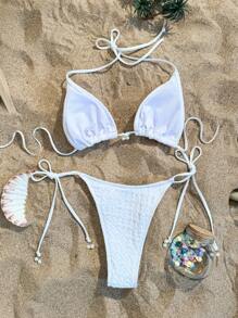 SHEIN Swim Solid Color Texture Design Two-Piece Bikini Set,Summer Beach - White - View 4