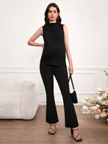 SHEIN Umstandsmode Einfarbige Set bestehend aus Stehkragen Weste und weiten Hose, 2 Stücke/Set - Schwarz - Übersicht 3