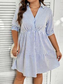 SHEIN LUNE Plus Size Blue & White Striped Lapel Comfortable Everyday Casual Dress - Blue and White - View 4