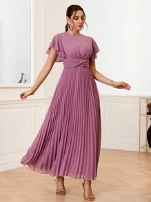 SHEIN Belle Solid Color Elegant Pleated Twisted Knot Ruffle Sleeve Bridesmaid Dress
