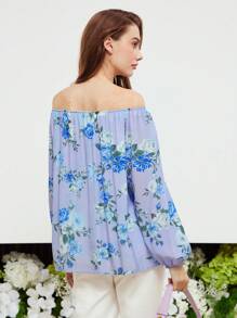 MOTF PREMIUM Blouse De Seda Con Estampado Floral De Manga De Linterna Y Con Hombros Descubiertos