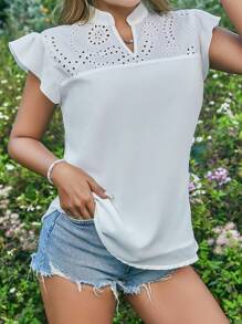 Breezaya Camisa Feminina Com Mangas Puff Curtas E Decote Em V Entalhado