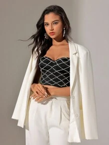 Anewsta Top De Camisola Cortada Decorado Con Diamantes De Imitación Y Patrón De Diamante