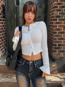 DAZY 长袖修身褶饰短款透明衬衫 - 米色 - 查看 3