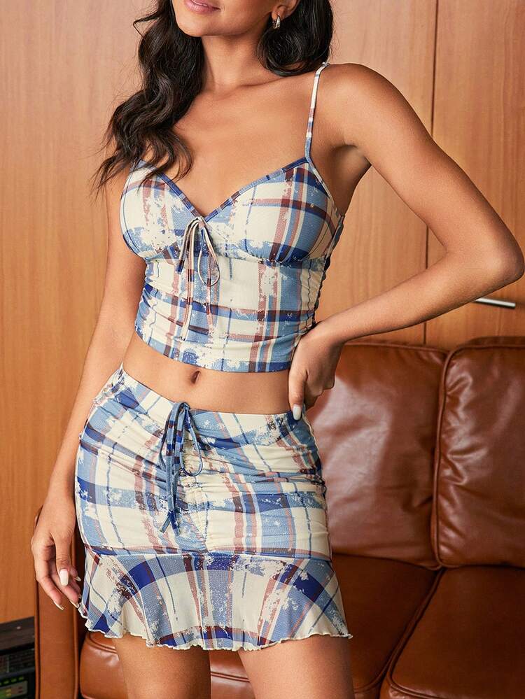 Women's Plaid Cami Top And Drawstring Pleated Skirt Two Pieces Outfit