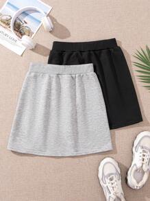 SHEIN Leap Crew Tween 女童针织纯色裙子，带补丁细节，休闲 - 彩色 - 查看 2