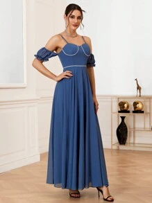 SHEIN Belle Elegant And Romantic Strappy Bridesmaid Dress With Woven Detailing And Cold Shoulder Design