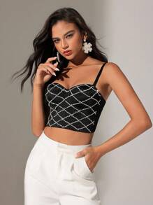 Anewsta Top De Camisola Cortada Decorado Con Diamantes De Imitación Y Patrón De Diamante