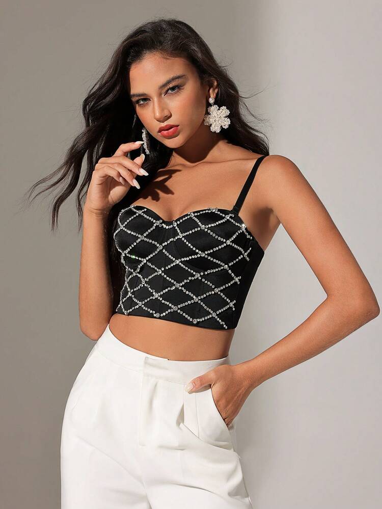 Diamond Pattern Rhinestone Decorated Cropped Camisole Top