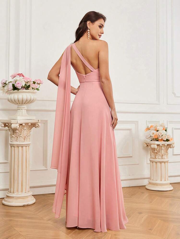 One-Shoulder Flower Embroidery & Waist Belt Design Evening Dress