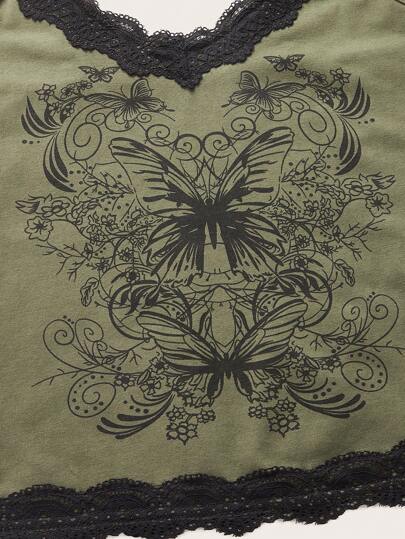 Fairycore Top de tirantes con estampado de mariposa con encaje en contraste