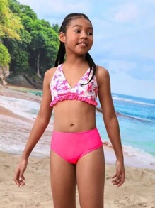 Tween Girls' Floral Printed Bikini Set With Ruffled Hem + Bell-Sleeve Sun Protection Kimono Cover-Up - Multicolor - View 3