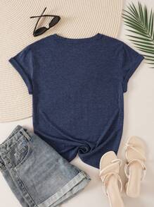 INAWLY Contrast Color Coconut Tree & Letter Printed T-Shirt Graphic Tees Women Tops