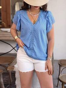 Flirla Plus Size Women's Lace Patchwork Ruffle Sleeve Shirt