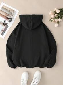 INAWLY Plus Size Hooded Sweatshirt With Letter Print And Drawstring Graduation,Back To School,Teacher Pullover Fall Winter Autumn - Black - View 2
