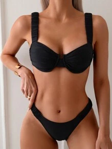 Swim SXY Einfarbiger Bikini-Set mit Bügel für den Sommer Strand - Schwarz - Übersicht 3