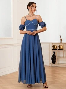 SHEIN Belle Elegant And Romantic Strappy Bridesmaid Dress With Woven Detailing And Cold Shoulder Design
