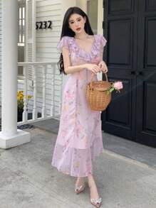 DAZY Women's Full Bloom Printed V-Neck Ruffled Chiffon Dress Sundress - Pink - View 7