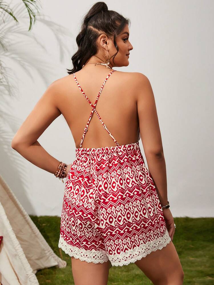 Plus Size Vintage Printed Lace Trimmed Backless Spaghetti Strap Jumpsuit