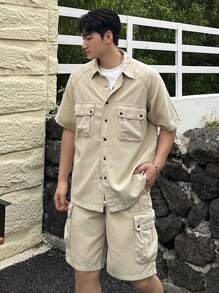 DAZY Men's Solid Color Work Shirt And Shorts Set - Apricot - View 7
