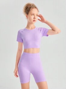 SHEIN 青少女紫色短袖上衣和短褲運動健身套裝 - 紫色 - 查看 3