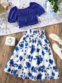 SHEIN Teenager Mädchen Set aus Wickeloberteil mit Blasenärmeln und blumigem A-Linien Rock