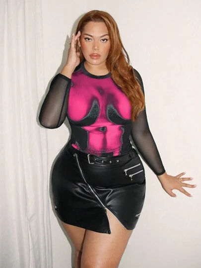 SHEIN SXY Plus Size Body Morph Figure Graphic Contrast Mesh Tee New Party Sexy Sexy Club Long Sleeve T-Shirt Birthday Valentine Day Bachelorette Party Spring